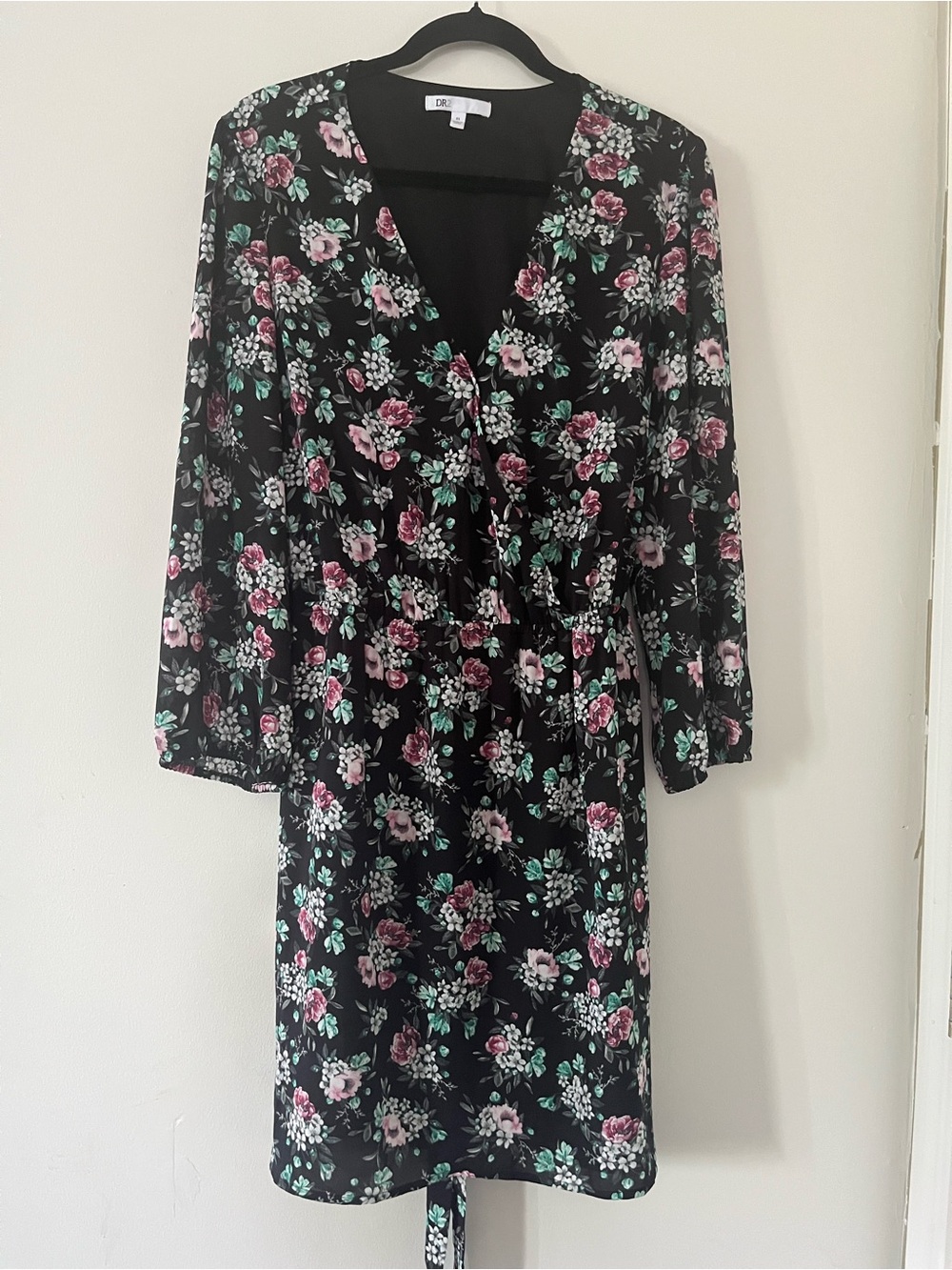DR2 Black Pink Floral V Neck Midi Dress XL Tie Waist Long Sleeve Modest Romantic